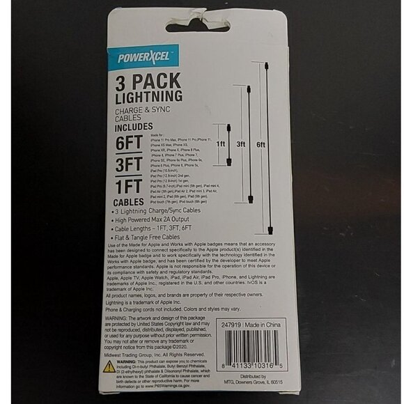 Powerxcel 3 Pack Lightning Charge & Sync Cables - Picture 2 of 7